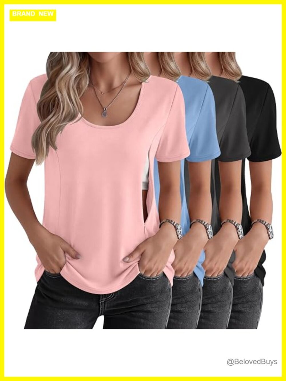 4-Pack Nursing Shirts with Hidden Zippers Loose Fit Short Sleeve Maternity Tops